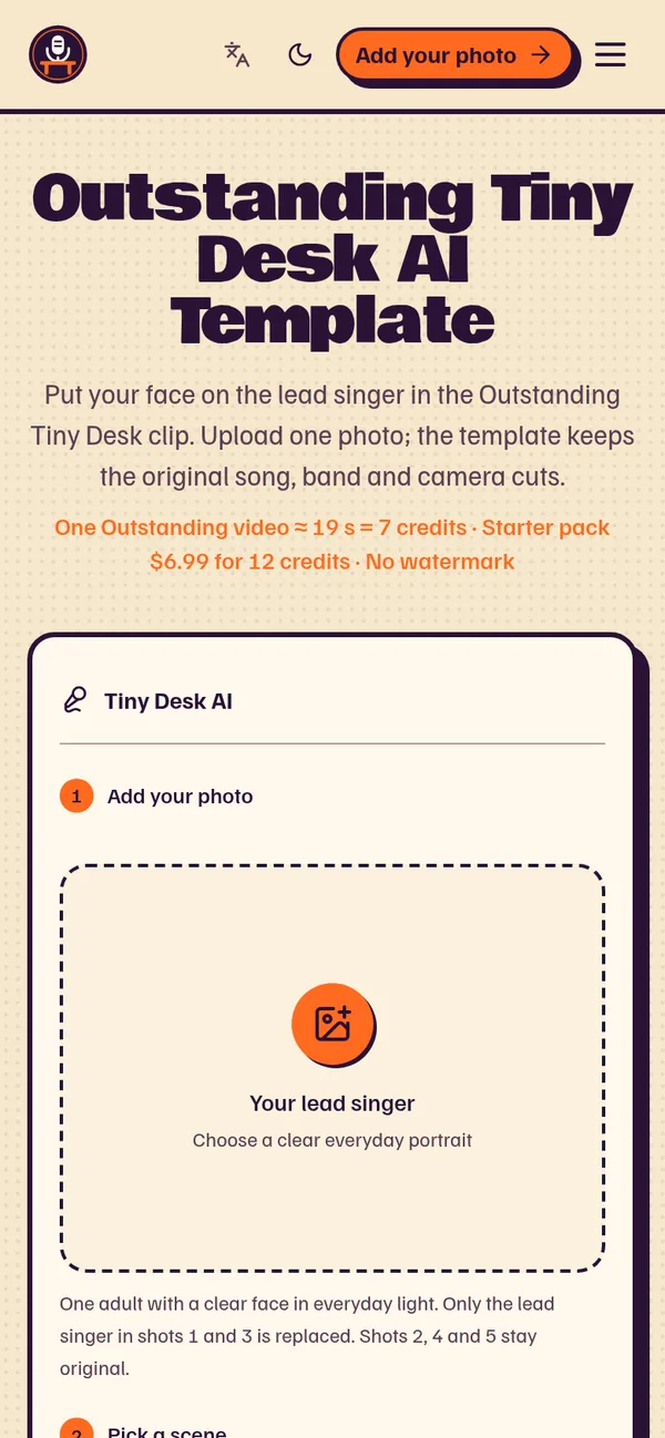 La page d’accueil de Tiny Desk AI sur un téléphone de 390 pixels de large, avec la zone d’envoi visible en haut