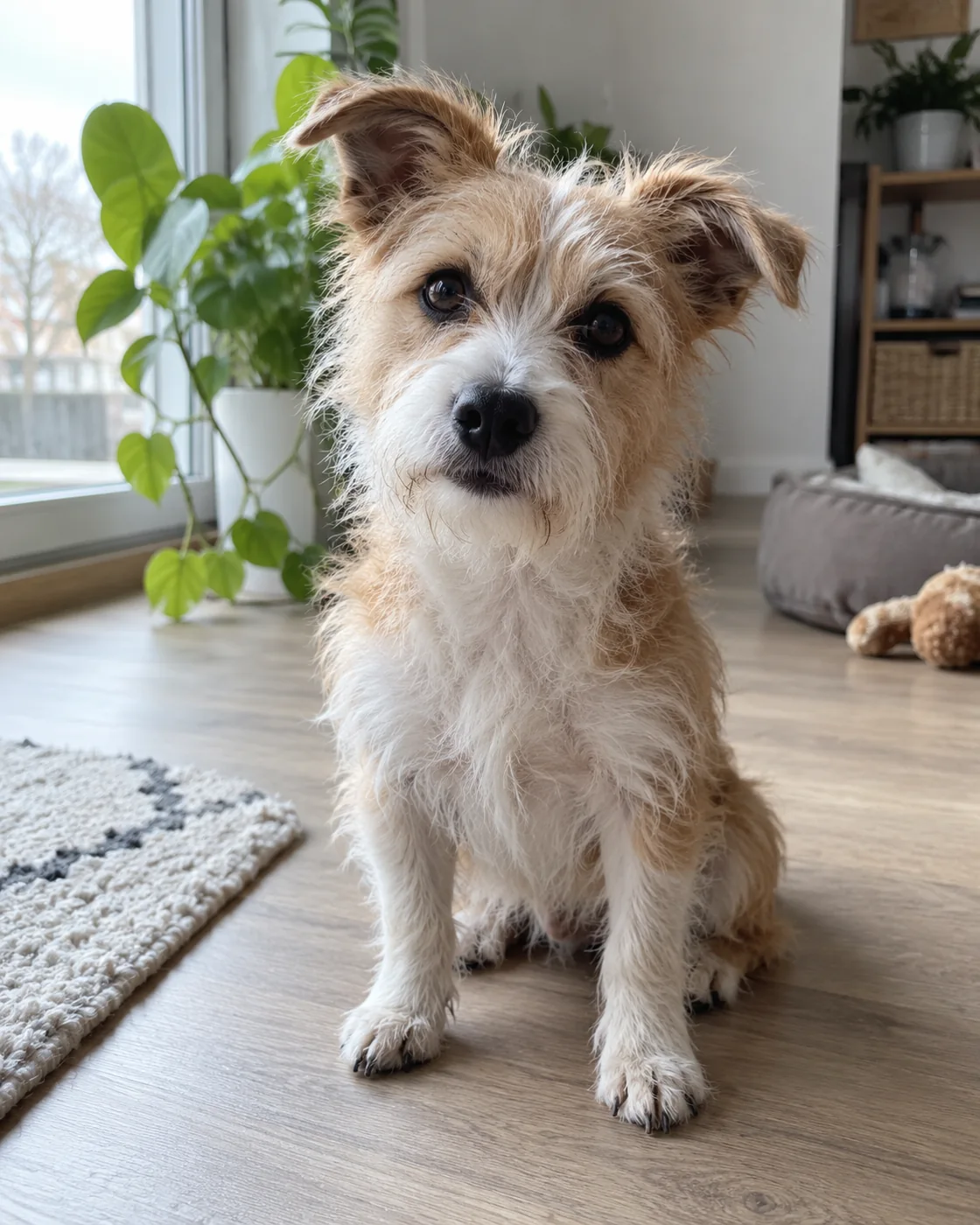 A terrier with visible coat markings in a bright home.